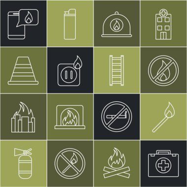 İlk yardım çantası, yangın söndürme kibriti, hayır, itfaiyeci kaskı, prizin elektrik kabloları, trafik konisi, 911 'i ara ve ikonu kurtar. Vektör