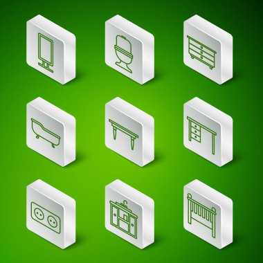 Bebek karyolası beşik yatağı, musluk takılı lavabo dolabı, büyük boy ayna, tahta masa, küvet, klozet, elektrik prizi ve ofis masa ikonu. Vektör