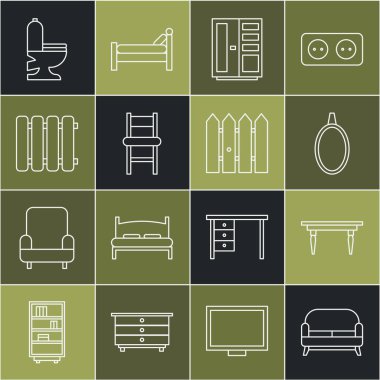 Sıralı kanepe, tahta masa, ayna, gardırop, sandalye, ısıtma radyatörü, klozet kasesi ve bahçe çiti ahşap ikonu. Vektör