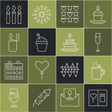 Sıralı tebrik kartı, sıcak şarap, bir kadeh şampanya, bayraklı karnaval çelengi, pasta, çakmak, doğum günü pastası mumları ve yanan ikon. Vektör