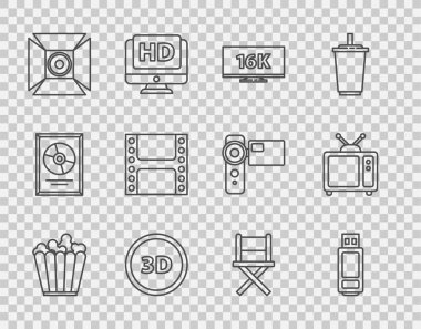 Popcorn in box, USB flash disk, Screen TV with 16k, 3D word, Movie spotları, Play Video, yönetmen koltuğu ve Retro simgesi. Vektör