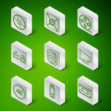 Satır satırı VHS video kaset, USB flash disk, CD veya DVD disk, Sinema bileti, 3D sinema gözlüğü, Film spotu, 4k Ultra HD ve Megaphone simgesi. Vektör