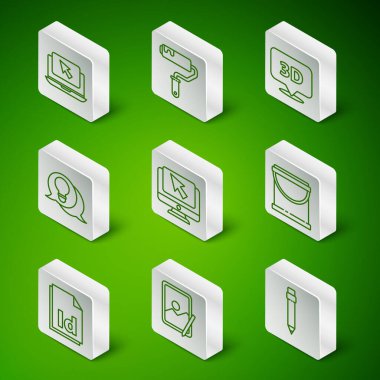 Silgi, grafiksel tablet, dizüstü bilgisayar ve imleç, bilgisayar monitörü, ampul fikri, boya fırçası, kimlik dosyası ve kova simgesi içeren satırı ayarla. Vektör