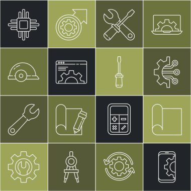 Hattı akıllı telefona ayarla, mühendislik, grafik kağıdı, Algoritma, tornavida ve anahtar anahtarı, tarayıcı ayarı, işçi kaskı, mikrodevreli işlemci ve simge. Vektör