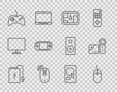 Elektrik kablosu, bilgisayar faresi, GPS aygıtı haritası, kablosuz bilgisayar, oyun konsolu, taşınabilir video oyun konsolu, sabit disk sürücüsü HDD ve sinema kamera simgesi ile hat güç bankasını ayarla. Vektör