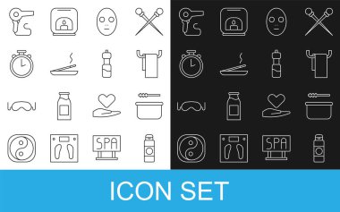 Hat kremi veya losyon kozmetik tüpü, sauna kovası ve kepçe, havlu askısı, yüz maskesi, spa çubuğu, Stopwatch, saç kurutma makinesi ve su ikonu. Vektör