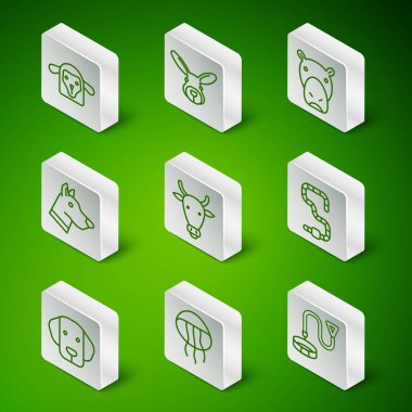 Yaka kartlı tasma, denizanası, koyun kafası, inek, köpek, tavşan ve solucan ikonu. Vektör