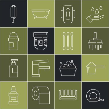 Diş ipi, temizlik tozu, duş başlığı, hijyenik peçete, Epilatör, terleme önleyici deodorant rulo, tampon ve kulak ikonu için pamuk çubuğu. Vektör