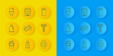 Sabun köpüklü kova, temizlik malzemesi, sünger, hijyenik peçete traş bıçağı, tuvalet kağıdı rulo kağıt havlu ve terleme önleyici deodorant ikonu. Vektör