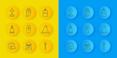 Ay ve yıldızlar, yanan mum, haçlı tabut, sihirli değnek, cadı şapkası, Tombstone ve Baykuş ikonu. Vektör