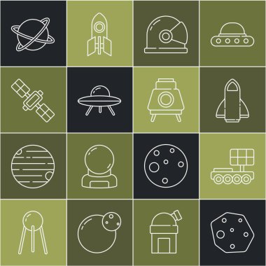 Asteroid, Mars gezgini, roket gemisi, astronot miğferi, UFO uçan uzay gemisi, uydu, gezegenin yörüngesinde dönen uydular ve ikon. Vektör