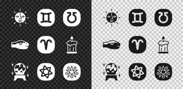 Zon, Tweelingen dierenriem, Leven, Magische bal, Tarot kaarten, Pentagram cirkel, Slang en Ram pictogram. Vector — Stockvector