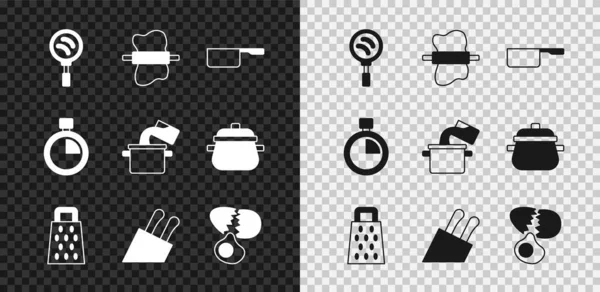 Set Frying pan, Rolling pin on dough, Saucepan, Grater, Knife, Broken egg, Stopwatch and Cooking pot icon. Vector — Stock Vector