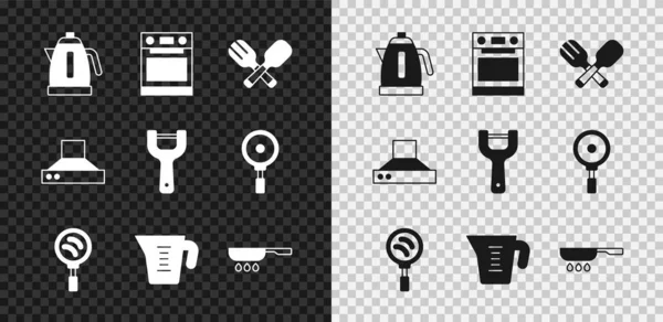 전자 주전자 , Oven, Croped fork and spots, Frying pan, Measuring cup, Kitchen extractor fan, Vegetable peeler icon. Vector — 스톡 벡터