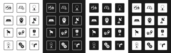 Set Push pin, Locatie met huis, Taxi autodak, Infografische stadsplattegrond navigatie, Radar, Tolweg verkeersbord, Parkeren en marker pictogram. Vector — Stockvector