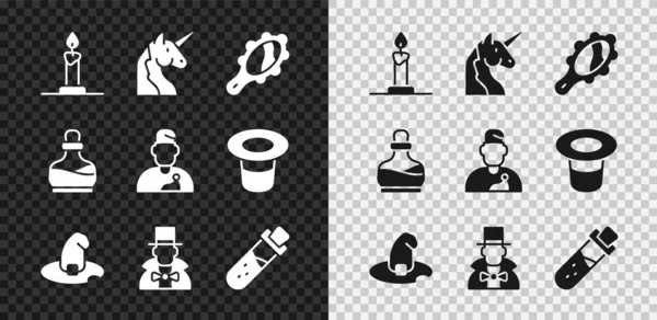 Set Burning candle in candlestick, Unicorn, Magic hand mirror, Witch hat, Magician, Bottle with potion, and Wizard warlock icon. Vector — Stock Vector