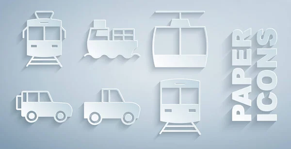 Set Pickup truck, Lanovka, Terénní, Vlak a železnice, Nákladní loď s dodávkou krabic a Tramvaj ikona. Vektor — Stockový vektor