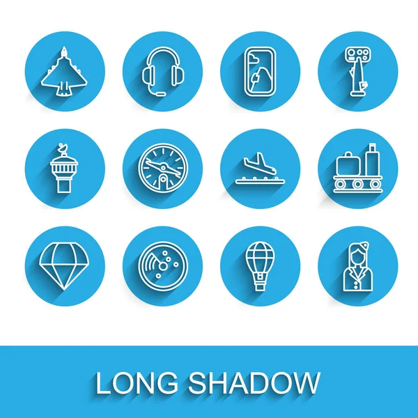 Définir la ligne Parachute, radar avec des cibles sur le moniteur, chasseur à réaction, montgolfière, hôtesse, boussole, valise de convoyeur d'aéroport et icône d'atterrissage d'avion. Vecteur — Image vectorielle