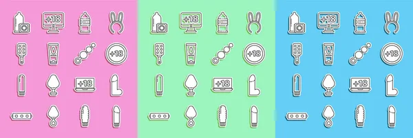Set line Dildo vibrator, Plus 18 movie, Condom safe sex, Personal lubricant, Spanking paddle, and Anal beads icon. Vector — Stock Vector