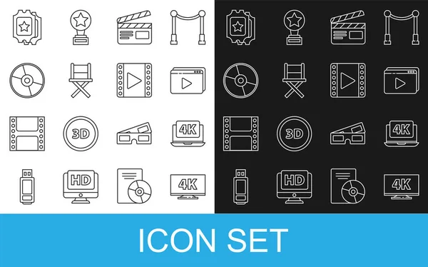 Set line Screen tv with 4k, Laptop video, Online play, Movie clapper, Director movie chair, CD DVD disk, Cinema ticket and Play Video icon. Vector — Stock Vector