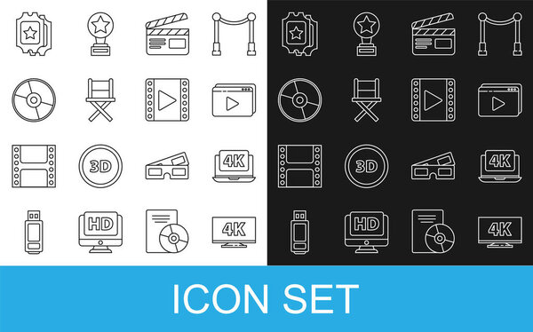 Set line Screen tv with 4k, Laptop video, Online play, Movie clapper, Director movie chair, CD DVD disk, Cinema ticket and Play Video icon. Vector