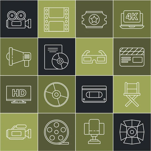 Set Line Movie Scheinwerfer, Regisseur Filmstuhl, Klöppel, Kinokarte, CD-DVD-Disk, Megaphon, Kamera und 3D-Kinobrille Symbol. Vektor — Stockvektor