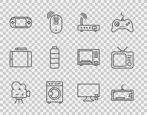 Definir linha Câmera de cinema retro, Teclado, Router e sinal wi-fi, arruela, console de videogame portátil, indicador de nível de carga da bateria, Smart TV e ícone de tv. Vetor — Vetor de Stock
