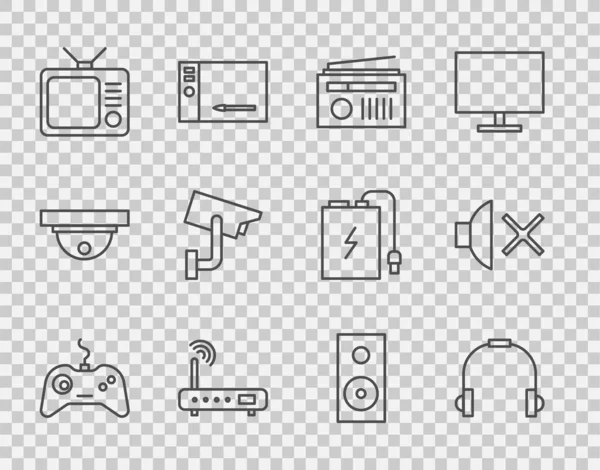 Set Line Gamepad, Kopfhörer, Radio mit Antenne, Router und Wi-Fi-Signal, Retro-TV, Überwachungskamera, Stereo-Lautsprecher und Lautsprecher stumm Symbol. Vektor — Stockvektor
