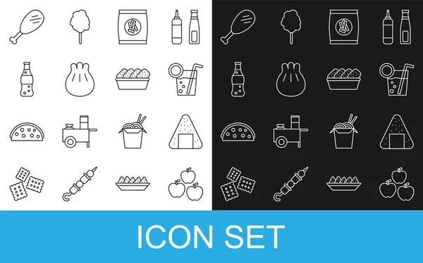 Set line Apple, Onigiri, Cocktail, Hard bread chucks crackers, Khinkali on cutting board, Bottle of water, Chicken leg and nuggets box icon. Vector — Stock Vector