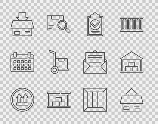 Set line Deze kant naar boven, Kartonnen doos, Verificatie van de bezorglijst klembord, Pakhuis, Handtruck en dozen, Houten en pictogram. Vector — Stockvector