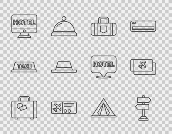 セットラインスーツケース、道路交通標識、航空券、オンラインホテル予約、リボン、観光テントやアイコンを持つ男の帽子。ベクトル — ストックベクタ