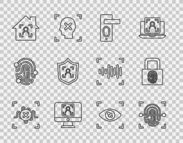 Set line Rejection voice recognition, Fingerprint, door lock, Face, Smart home with face id, Shield, Eye scan and icon. Vector — Stock Vector