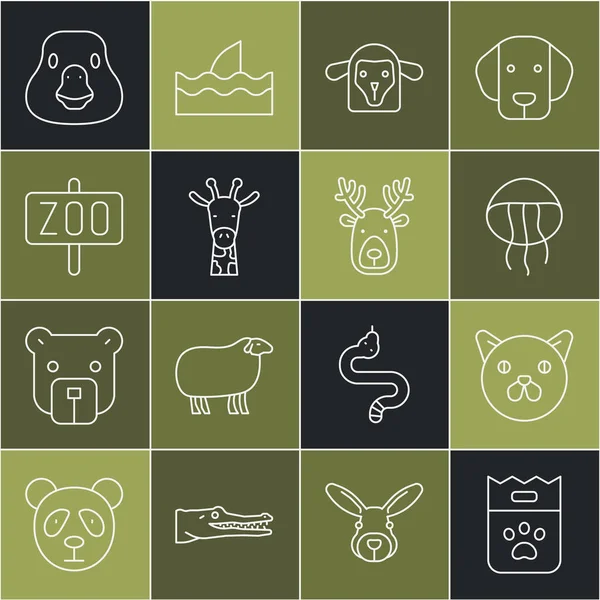 Set-Line Beutel mit Futter, Katze, Qualle, Schafkopf, Giraffe, Zoo, Gänsevogel und Hirsch mit Geweih-Symbol. Vektor — Stockvektor