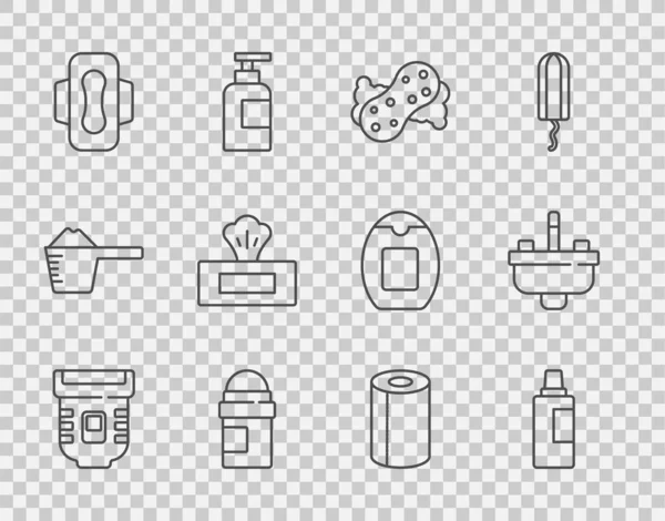 Set Epilator, Flasche für Reinigungsmittel, Schwamm, Antitranspirant-Deo-Rolle, Damenserviette, Feuchttücher, Papierhandtuch und Waschbecken mit Wasserhahn-Symbol. Vektor — Stockvektor