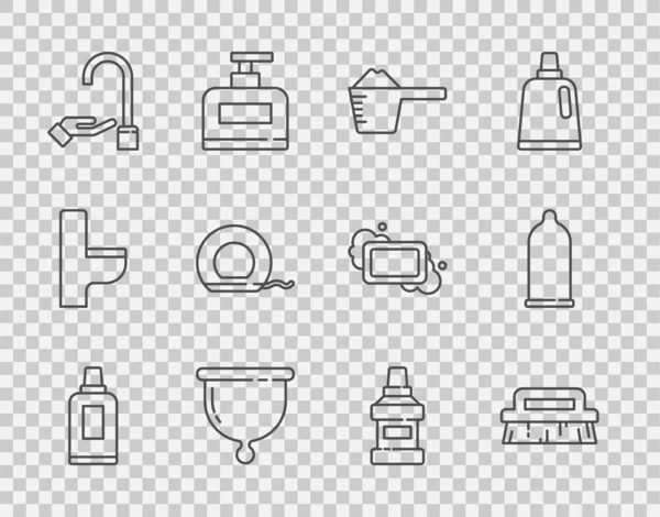 Set Linie Flasche für Reinigungsmittel, Pinsel, Waschpulver, Menstruationstasse, Hände mit Seife, Zahnseide, Mundspülflasche und Kondom-Symbol. Vektor — Stockvektor