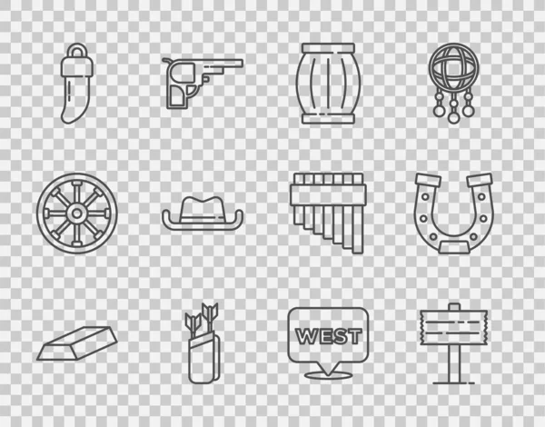 Set line Gold bars, Road traffic signpost, Gun powder barrel, Quiver with arrows, Tooth, Western cowboy hat, Pointer to wild west and Horseshoe icon. Vector — Stock Vector