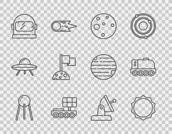 Linea Set Satellite, Sole, Pianeta Marte, rover, Casco astronauta, Luna con bandiera, piatto e icona. Vettore — Vettoriale Stock