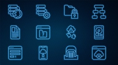 Hattı ayarla Başarısız Erişim Bulut Depolama, Sabit disk Sürücüsü HDD, Dizin ve Kilit, Dosya kayıp, belge, Ağ bağlantısı, Bulut Hackleme ve Sunucu dişli simgesi. Vektör