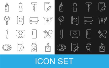Çizgi kesme tahtası, çapraz çatal ve kaşık, ölçü kabı, şarap tirbuşonu, yemek kitabı, kızartma tavası, sos şişesi ve tost makinesi ikonu. Vektör