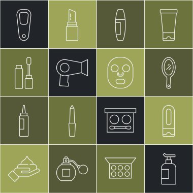 Hat kremi ya da losyon kozmetik tüpü, şampuan şişesi, el aynası, Mascara fırçası, saç kurutma makinesi, ayak için sünger taşı ve yüz maskesi ikonu. Vektör