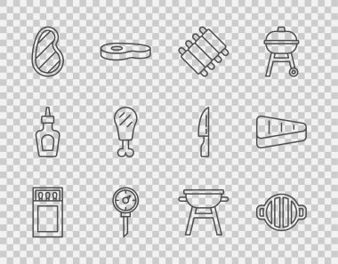 Kibrit kutusu ve kibrit kutusu, ızgara ızgara domuz pirzolası, ızgara domuz pirzolası, mutfak termometresi, biftek eti, tavuk budu ve ikon. Vektör