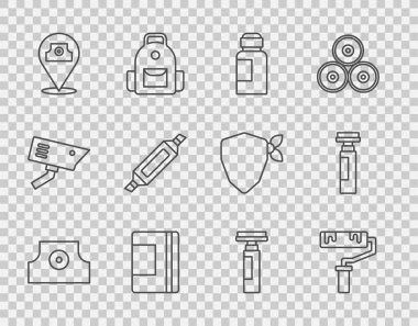 Hat spreyi başlığı, boya fırçası, guaj, kavanoz, boya, Spiral defter, sprey, kalem ve simgeyi silebilir. Vektör