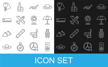 Hattı ayarlayın. Lütfen rahatsız etmeyin, bavul, güneş koruyucu şemsiye, güneşlik ve uçak, klima, otelin kapı kilidi anahtarı ve dünya ikonunun yerini belirleyin. Vektör