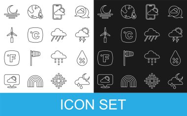 Bulut 'u yağmur ve ay ile, su damlası yüzdesiyle, fırtına, hava tahmini, Celsius, rüzgar türbini, günbatımı ve ikon ile ayarlayın. Vektör