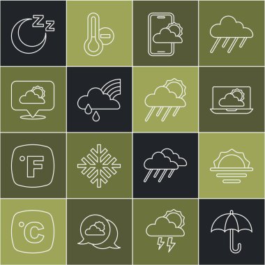 Şemsiye, Gündoğumu, Hava Durumu, Bulutlu ve Yağmurlu Gökkuşağı, Yer, Uyku Zamanı ve Bulut güneş ikonu. Vektör