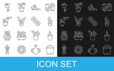 Topraklı çömlek, şişede filiz, kaktüs peyote tenceresi, kırık, bitki, sprey, çiçek ve meteoroloji termometresi ikonu. Vektör