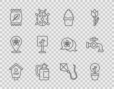 Kuş yuvası, orman, kaktüs peyote tenceresi, gübre için bahçe spreyi, gübre torbası, uçurtma ve su musluğu ikonu. Vektör