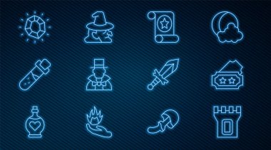 Kale Kulesi, Bilet, Sihirli Parşömen, Sihirbaz, İksir, Taş, Ortaçağ Kılıcı ve Cadı ikonu içeren Şişe. Vektör