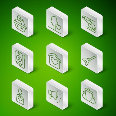 Çöp kutusu, megafon, bağış yiyecek kutusu evsizler için barınak, kan bağışı, gönüllü ekip ağaç dikme ve paspas ikonu. Vektör