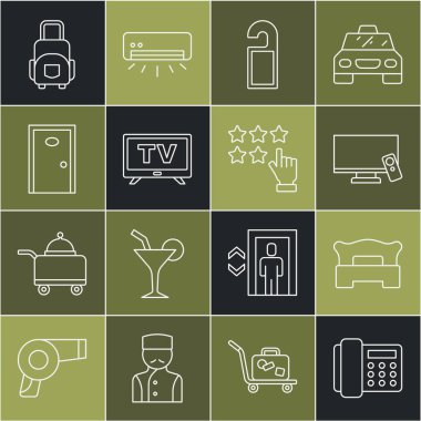 Telefon hattı, yatak odası, akıllı televizyon lütfen rahatsız etmeyin, otel kapısı, bavul ve yıldızların derecelendirme simgesi. Vektör